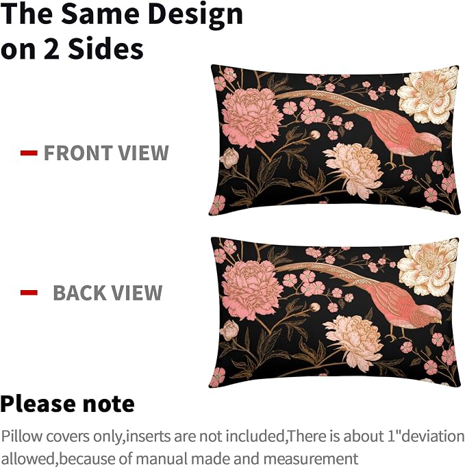 Flowers Birds Leaf Lumbar Pillow Covers 12X20 Inch Set of 2 Pink White Roses Floral Decorative Pillow Cases Art Black Gold Cotton Linen Cushion Case Vintage Home Decor for Sofa Couch Porch Outdoor