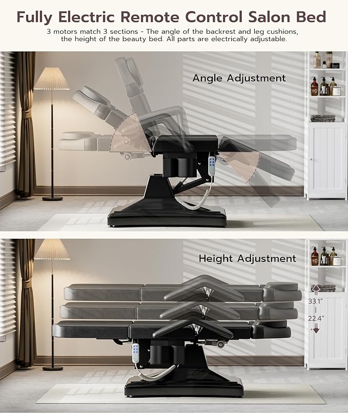 Icoget Fully Electric Tattoo Chair Esthetician Bed for Clients, 3-Motor Massage Table Adjustable Spa Facial Chair for Waxing, Lashing, Professional Aesthetics Bed for Salon, Black with Stool