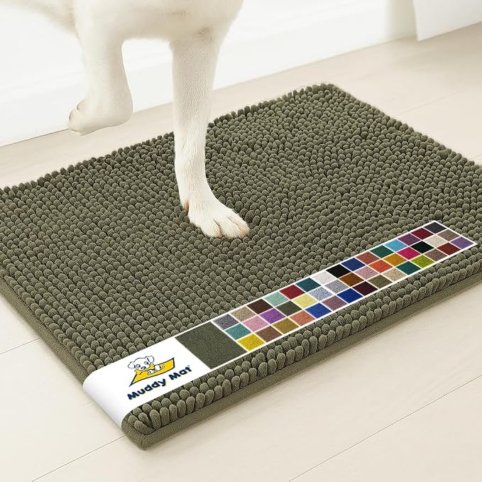 Muddy Mat® | Super Water Absorbent Door Mat Indoor, Microfiber Quick Dry Chenille Entryway Rug, Slip Resistant Front Door Mat, Indoor Mats for Entryway, Machine Washable Pet Rug, Army Green 32" x 44"