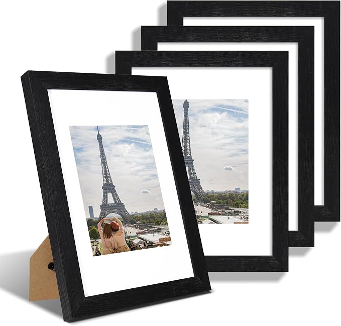 Hongkee 9x12 Picture Frame Set of 4, Made of Glass and Rustic Black Wooden Frame - Display Picture 6x8 with Mat or 9 x 12 Without Mat, 9 by 12 Photo for Wall or Tabletop