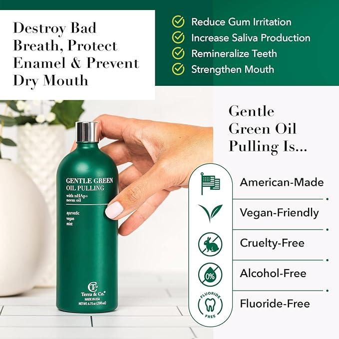 Terra & Co. Gentle Green Oil Pulling and Tongue Scraper | with Hydroxyapatite for Strong Enamel, Healthy Gums | Reduce Bad Breath