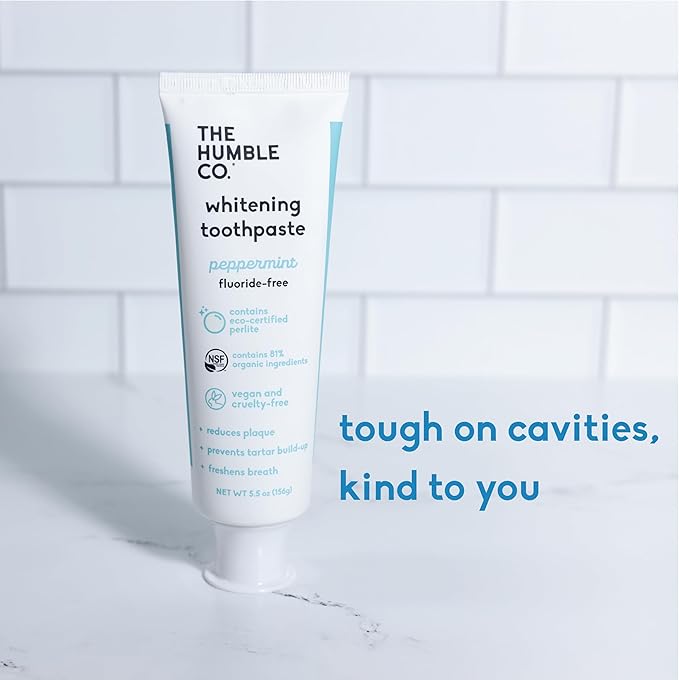 The Humble Co Fluoride-Free Teeth Whitening Toothpaste, Peppermint - Natural Whitening Toothpaste with Xylitol & Eco Certified Perlite for Adults - SLS Free Dental Oral Care & Hygiene - 2 Pack