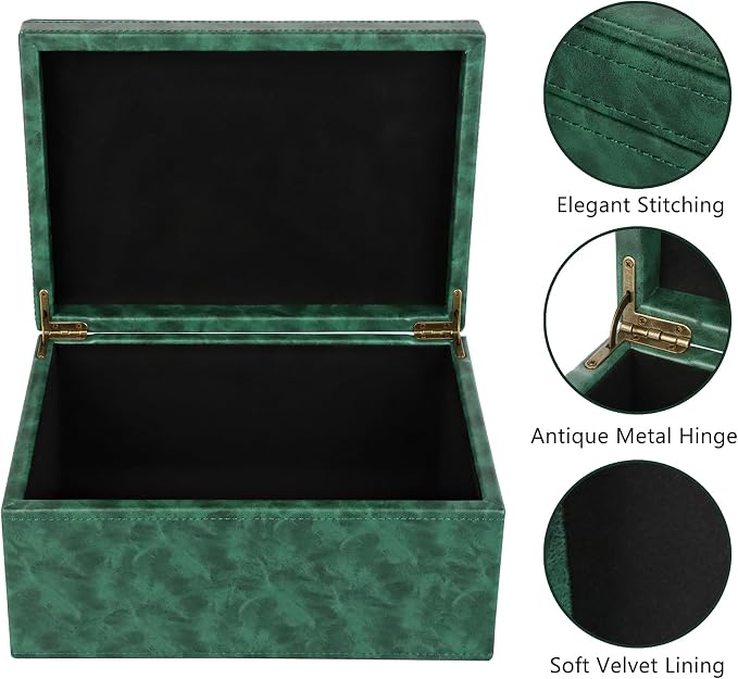 HofferRuffer Faux Leather Decorative Box, Large Wooden Structure Keepsake Box Accessory Organizer Jewelry Organizer with Hinged Lid, Storage Container for Home or Office (Dark Green)