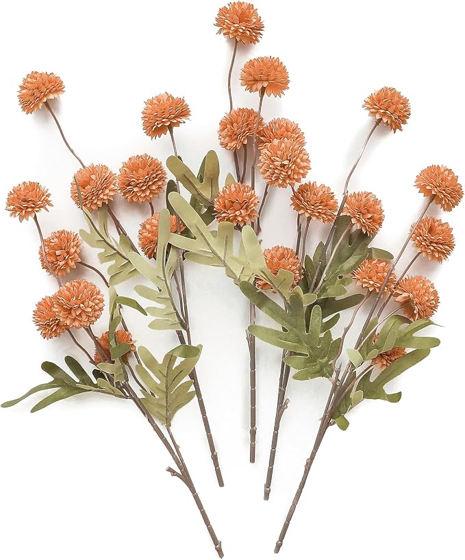 5pcs Burnt Orange Faux Silk Mums Artificial Flowers, Bulk Fake Small Mini Chrysanthemums with Stems for DIY Wedding Centerpieces Floral Arrangements Vase Fillers Home Decorations