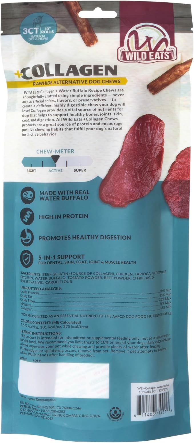 Wild Eats Water Buffalo Collagen Cheek Rolls 10" 3pk, Pig Ear Substitute | Long lasting treats and bones for medium dogs, retriever style texture, 3 per bag, satisfies natural gnawing urges daily
