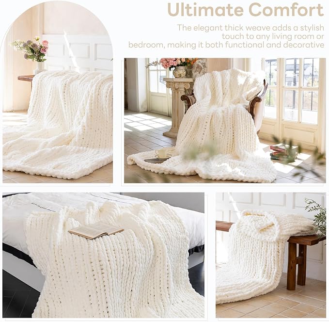 Chunky Knit Blanket - Luxury Soft Cozy 80 * 90 Throw Blanket,100% Woven Blanket Rope Knot Throw Blanket for Couch, Sofa, Home Decor, Gift - Machine Washable (Ivory White, 80 * 90)