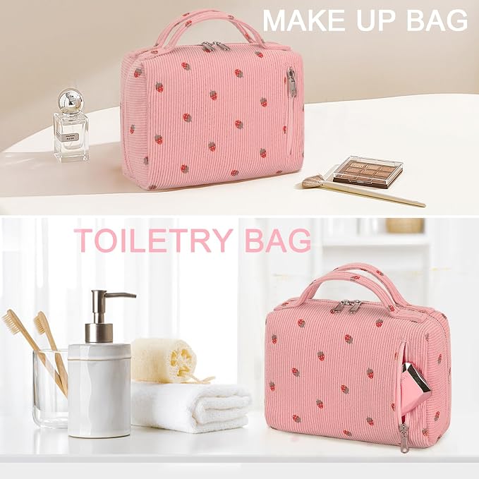 Bluboon Makeup Bag Zipper Pouch Travel Portable Cosmetic Bag Organizer for Women and Girls(Corduroy Pink Strawberry)