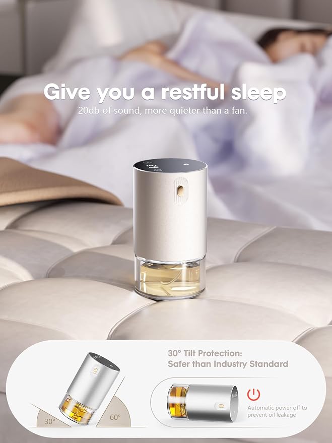 Waterless Essential Oil Diffuser, Rechargeable Aromatherapy Scent Diffusers for Home, Car, Bedroom, Office, 1/2/4/8-Hour Timer, 100ml Capacity, 3 Mist Levels, Silver