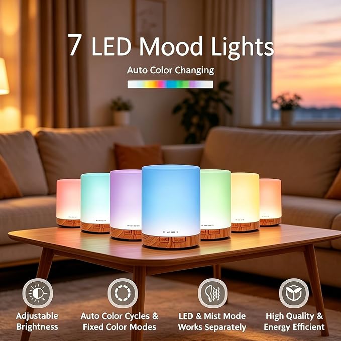 Aromatherapy Diffuser, Remote Control Essential Oil Diffuser 300ML, with 7 Color LED Light, Auto Off Timer Quiet for Bedroom Living Room Kitchen Home Gift
