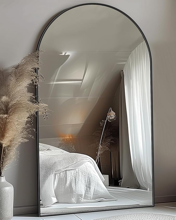 Antok 72" x44” Arched Full Length Floor Mirror, Black Aluminum Frame, Free Standing/Wall Mount/Leaning for Bedroom, Living Room, Dressing Room