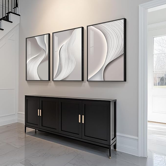 Large Framed Modern Abstract Wall Art, 3 Piece Minimalist Bright Style Prints Paintings Artwork for Walls, Silver Gray Contemporary Luxury Pictures for Living Room Hallway Office Wall Decor Total 30x60 In