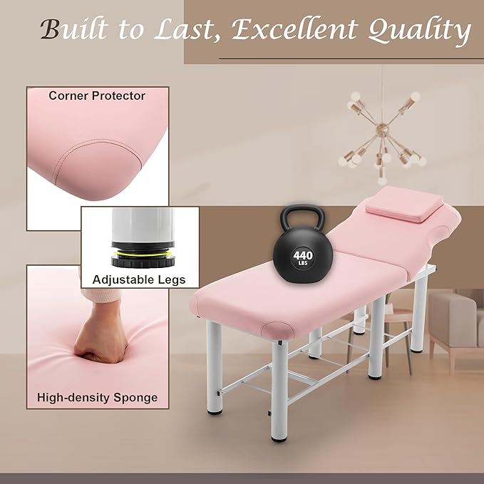 Professional Massage Bed 73 Inch, Treatment Table Salon Bed with Removable Headrest, Stationary Physical Therapy Table Spa Facial with Adjustable Backrest, Steel Frame, Pink