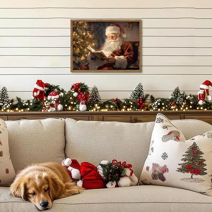 Framed Vintage Christmas Canvas Wall Art, Santa Claus Reading Book Paintings Wall Decor, Rustic Winter Holiday Pictures Prints for Living Room Bedroom Home Decoration 12×16 inch