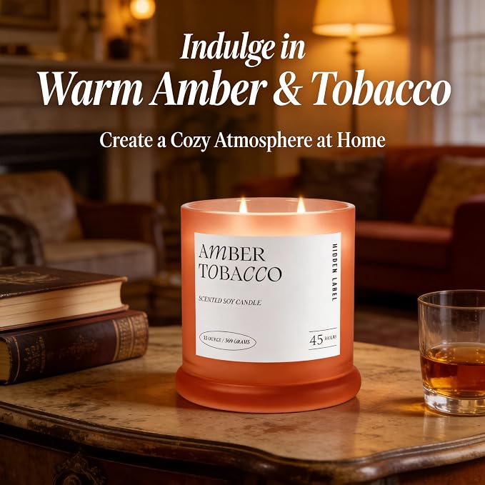 Hidden Label Amber Tobacco Scented Candle, 2 Wick Large Candles for Home Scented, 13oz Natural Soy Wax, 75Hours Long Lasting Slow Burning, Aromatherapy Candle with Reusable Glass Jar