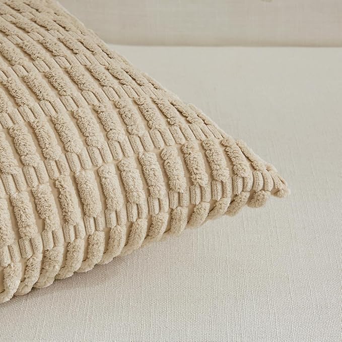 Fancy Homi Tan Lumbar Decorative Throw Pillow Covers 14x24 Inch for Living Room Couch Bed Sofa, Rustic Farmhouse Boho Home Decor, Soft Striped Corduroy Rectangle Cushion Case 35x60 cm