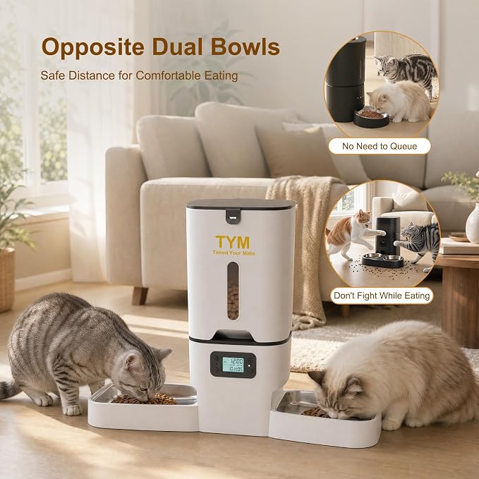 Automatic Cat Feeder 2 Cats, 7L Dry Cat Food Dispenser with Double Bowls | Multi-pet Household | Large Capacity Grain Storage Box | Anti Food Stealing | Weight / Diet Control | Fresh Food | Dual Power