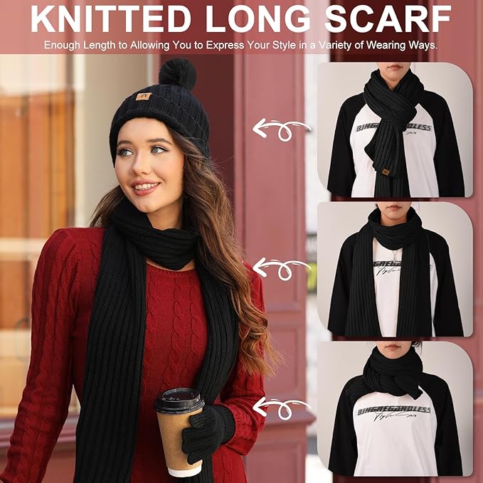 Yusongirl Winter Women Scarf Gloves Beanie Ear Muffs Socks Set Cold Weather Warm Knit Hat Fleece Long Neck Warmer 5 in 1 Set
