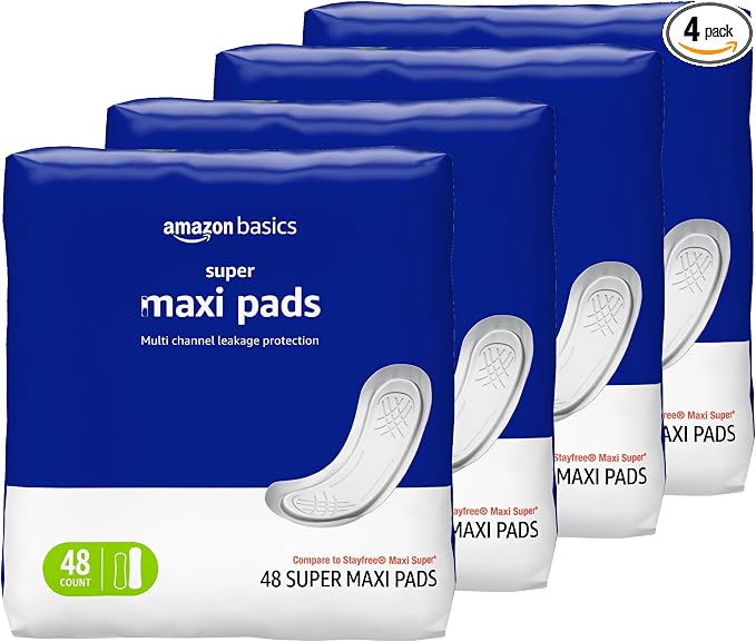 Amazon Basics Maxi Pads for Periods- Thick, Super Absorbency, Unscented, 192 Count, (4 Packs of 48)