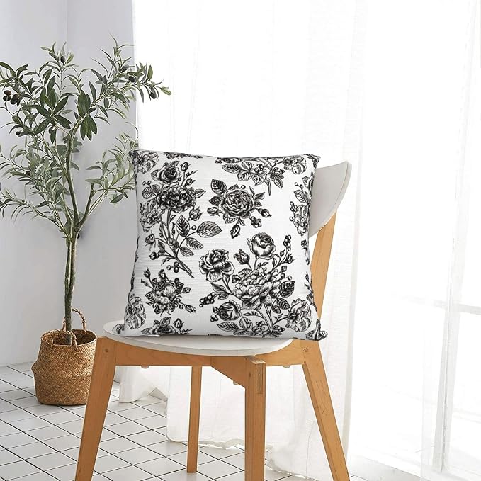 Black White Vintage Floral Throw Pillow Covers 18x18 Inches Set of 2 Farmhouse Square Cushion Cases