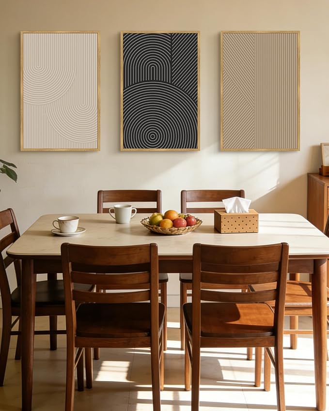 Drsoum Mid-Century Modern Framed Wall Art Large 24x36in Minimalist Abstract Boho Neutral Line Wall Decor Geometric Artwork Kitchen Dining Room Natural Framed