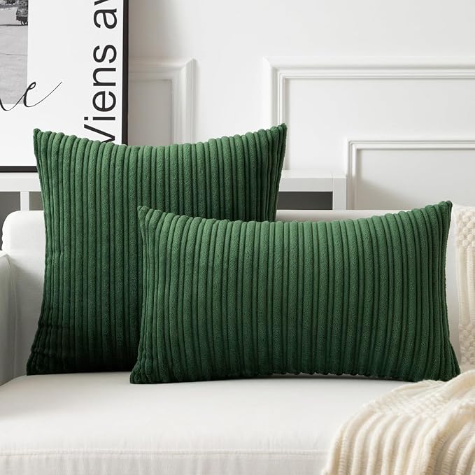 UGASA 12x24 Inch Christmas Pillow Cover Pack of 1 Soft Boho Stripe Corduroy Long Rectangle Lumbar Cushion Case Farmhouse Decorative Pilowcase for Bed Couch Sofa Bedroom, Christmas Green