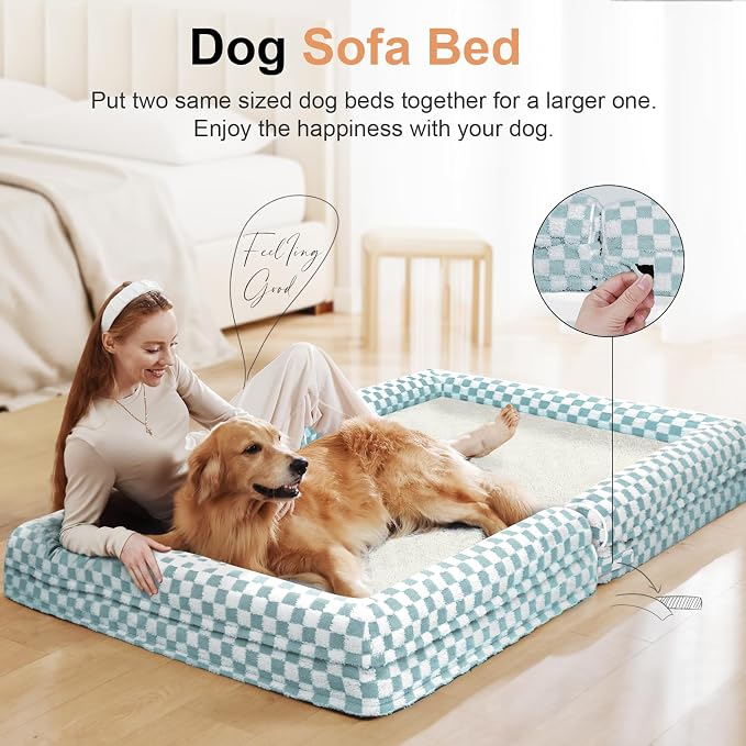 Orthopedic Dog Bed for XX-Large Dogs, 44 x 34 Inch, Green Grid | Egg crate foam for joint support, 3-sided bolster pet sofa, waterproof lining, washable cover, and non-skid base