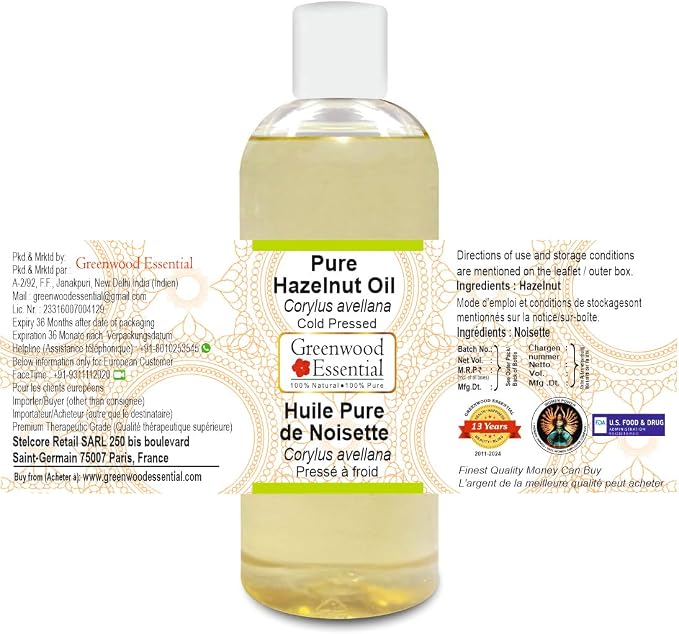 Greenwood Essential Pure Hazelnut Oil (Corylus avellana) Cold Pressed 200ml (6.76 oz)