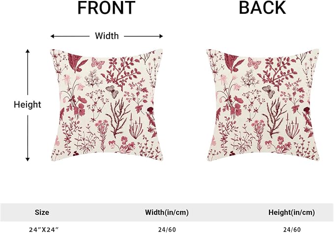 Christmas Pillow Covers 24x24 Inch Set of 2,Burgundy Red Wild Flower Plant Throw Pillows Case,Seasonal Floral Outdoor Decorative Square Linen Farmhouse Decor Cushion Covers for Home Sofa bed Couch