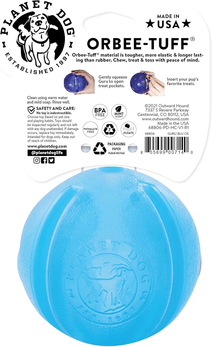Outward Hound Guru Treat-Dispensing Puzzle Ball Dog Toy, Blue