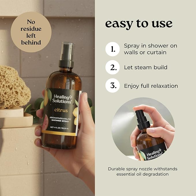 Healing Solutions Aromatherapy Shower Spray, Citrus, 4oz, Therapeutic Grade Essential Oils, Made in the USA, At Home Spa Experience (4oz, Citrus)