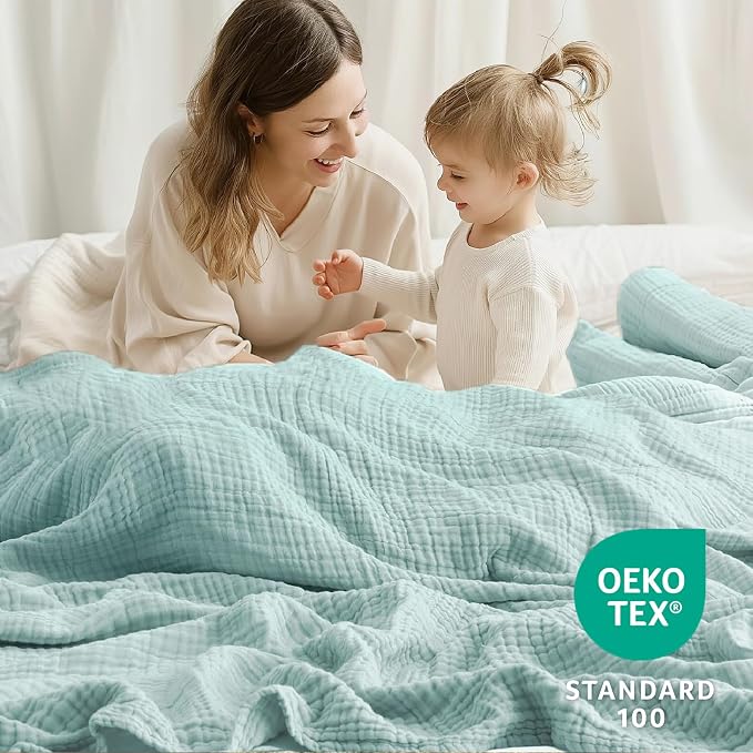 100% Cotton Muslin Blanket 50"x 60", 6 Layers Breathable and Lightweight Cotton Throw Blankets for Couch, Soft Cooling Summer Gauze Blanket for Adults All Season, Mint