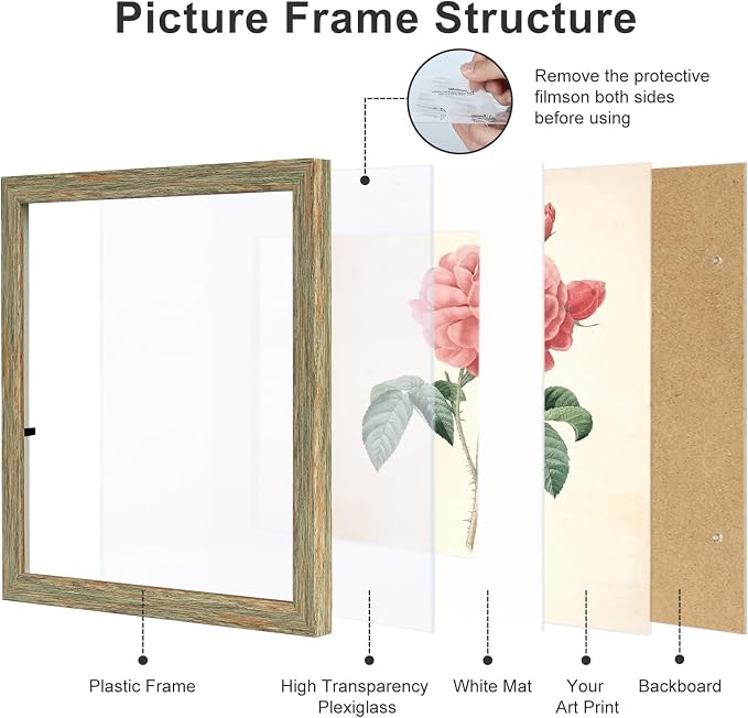 10x10 Picture Frame Set of 9, Display Pictures 8x8 with Mat or 10x10 without Mat, Multi Collage Gallery Square Photo Frames for Wall or Tabletop, Rustic Brown