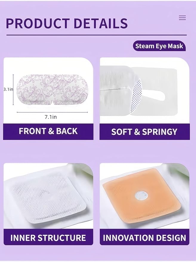 12-Pack Disposable Steam Eye Mask for Dry Eyes & Digital Eye Strain | Self-Heating Screen Time Relief Mask with 30min Moist Heat (104-113℉) | Sleep Mask for Travel, Office Gifts (Purple&Unscented)
