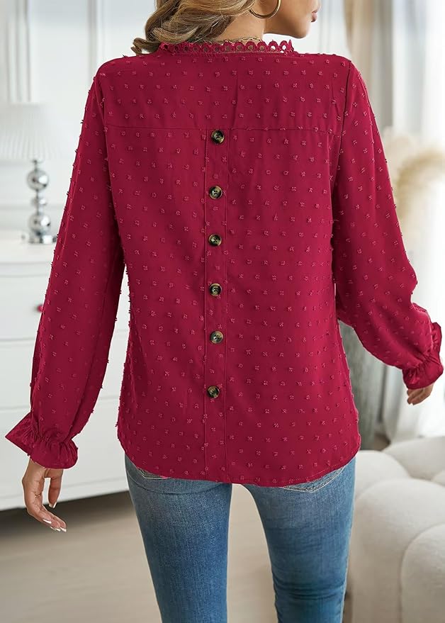 Womens Boho Tops Long Sleeve Shirts For Women Cute Crewneck Blouse Dressy Casual Swiss Dot Crochet Hollow Top 2026