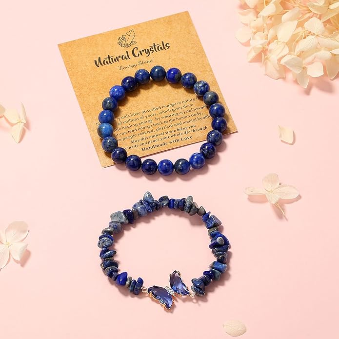 DUQGUHO 2Pcs Butterfly Bracelets for Women Healing Crystals Bracelets for Women Natural Gemstone Bead Bracelet Cute Butterfly Charm Bracelet Stretch 8mm Crystal Jewelry Gifts for Women