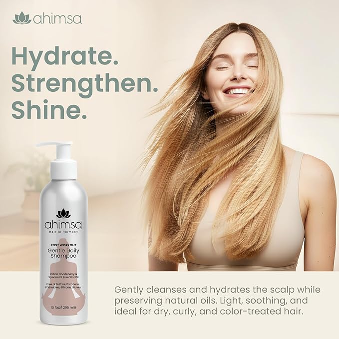 Ahimsa Gentle Daily Shampoo Paraben Sulfate Free, Organic Hair Shampoo for Dry Damaged Hair, Curly & Color-Treated, Apple & Oat Amino Acids, Indian Gooseberry for Scalp Health, Jasmine Oil (10oz)