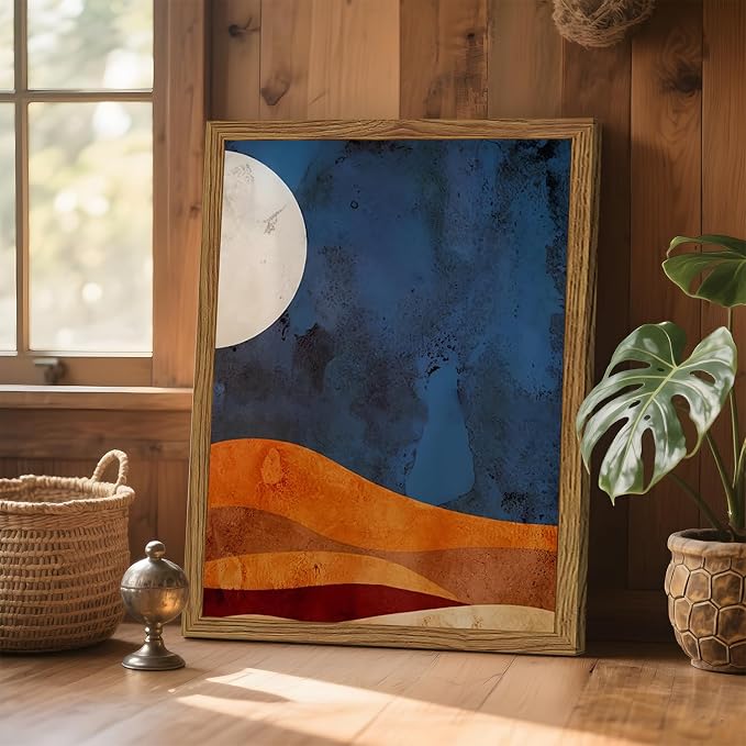 Framed Boho Sun and Moon Canvas Wall Art Set of 2, Vintage Western Desert Landscape Wall Decor Paintings, Mid Century Modern Abstract Pictures Prints Artwork for Living Room Bedroom Office 12x16 inch