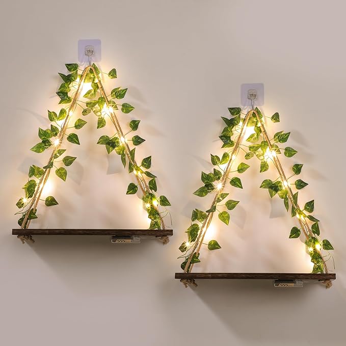 EXIN DECHEN Wall Decor for Bedroom,Floating Shelves,Room Decor Aesthetic | Set of 2,No Drill Shelves,Leaves and Light Strip with Flower,Cute,Teen Girls,Princess,Coquette for Dorm Livingroom Decor