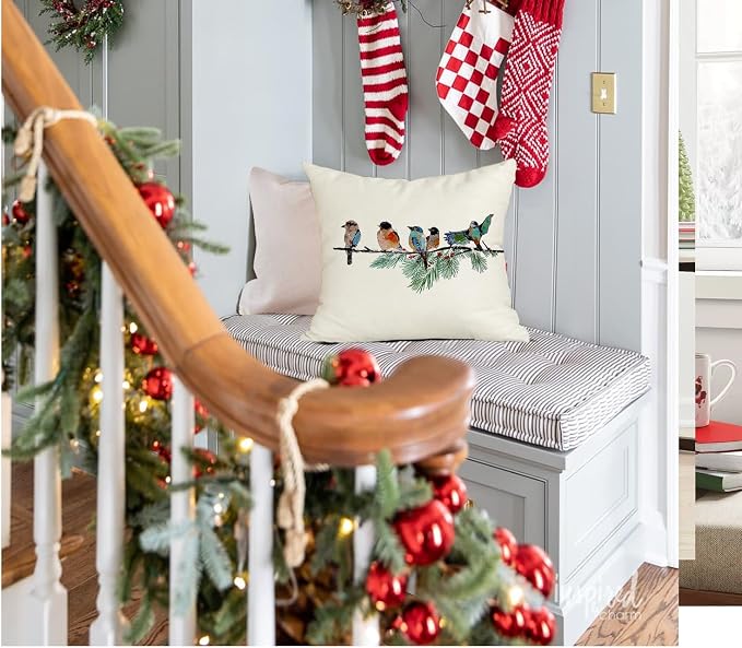 RABUSOFA Christmas Pillow Covers 18x18 Inch Birds Christmas Decorations Christmas Winter Throw Pillow Cases Xmas Outdoor Birds Decor Decorative Pillows for Couch Holiday Teal