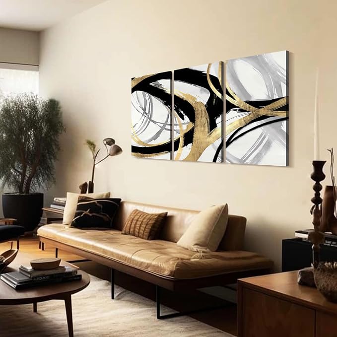 3Pcs Framed Abstract Wall Art Gold Black and White Lines Picture Canvas Prints Modern Line Prints Living Room Bedroom Office Poster Gallery Home Decor 16x24 Inch Ready to Hang