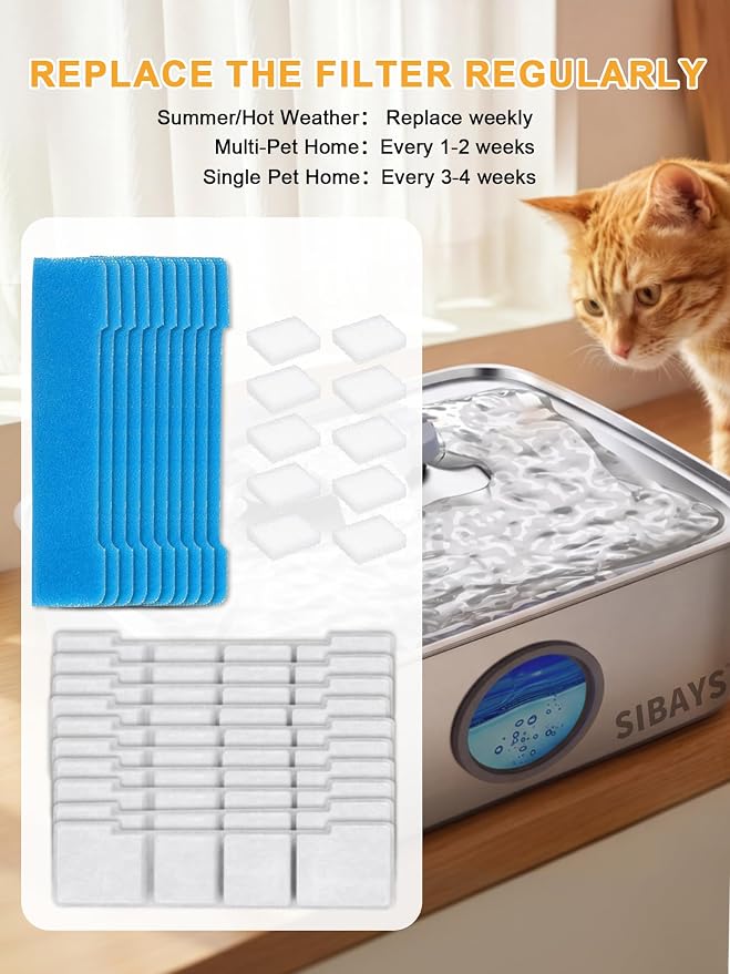SIBAYS Dog Water Fountain Filter Replacement for 4Gal/15L Pet Fountain Filters, Made of Activated Carbon and PP Cotton, 10 Pet Water Fountain Filters, 10 Pre-Filter Sponges with 10 Pump Sponges L05