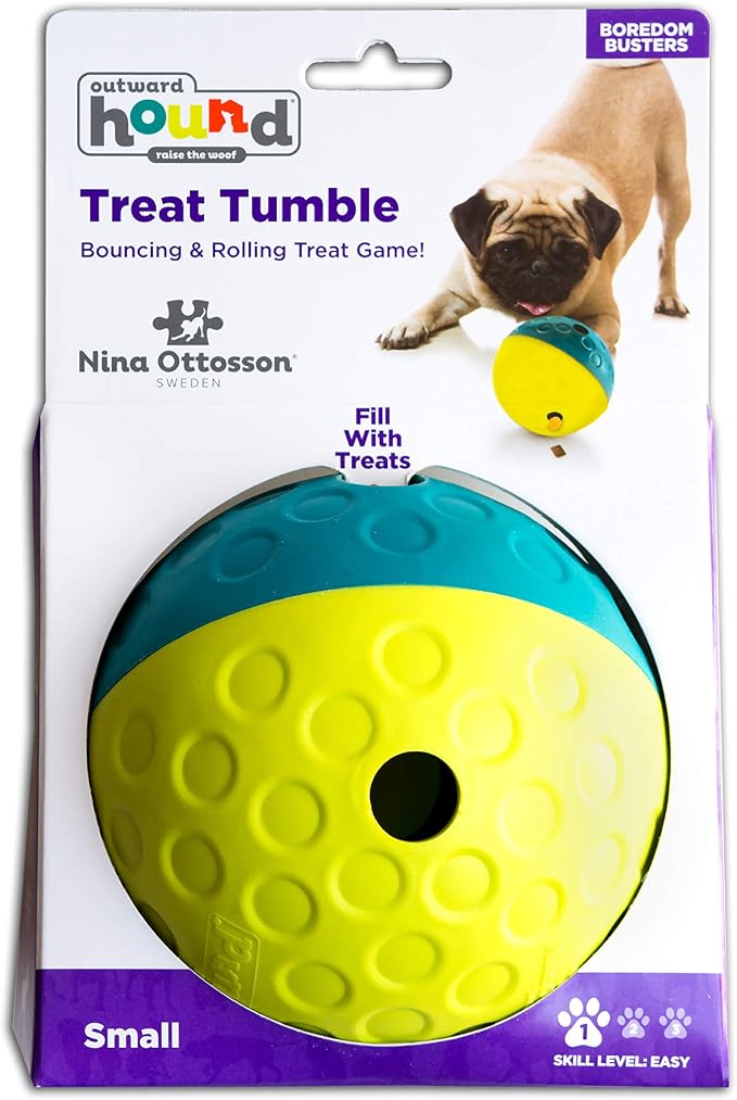 Outward Hound Nina Ottosson Treat Tumble Dog Toy Puzzle Ball, 4.8" | Level 1 Easy, Food-Dispensing Ball, Holds 1 Cup Kibble or Treats, No BPA, Interactive Enrichment, Dogs & Puppies