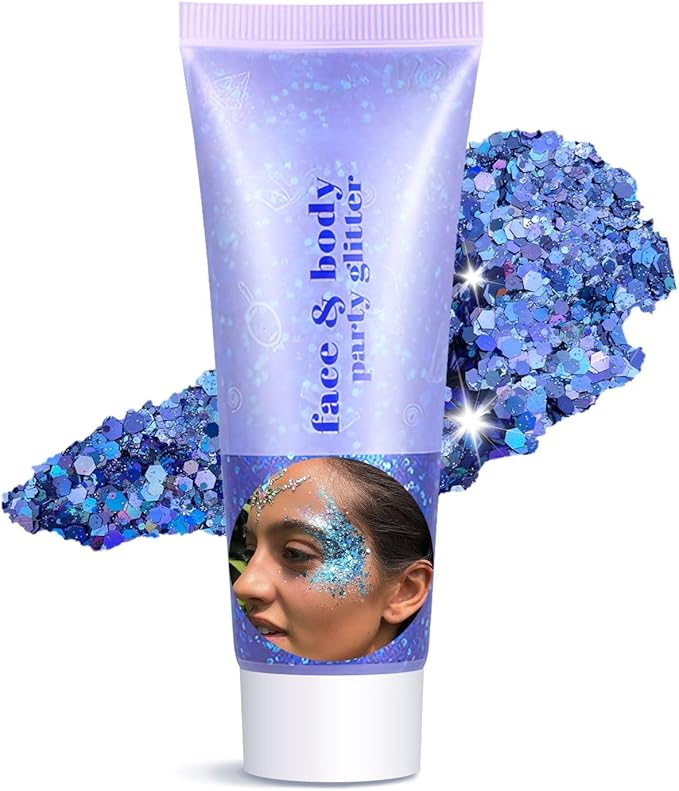 Body Glitter Gel - Christmas Gifts for Kids and Women, Sparkly Chunky Glitter Hair, Singer Concert Festival Rave Accessories (Blue Body Glitter)