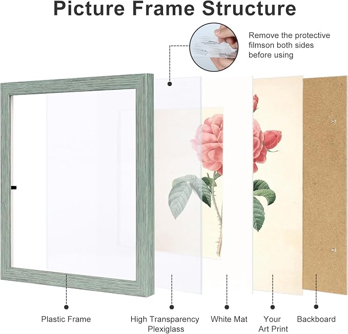 10x10 Picture Frame Set of 9, Display Pictures 8x8 with Mat or 10x10 without Mat, Multi Collage Gallery Square Photo Frames for Wall or Tabletop, Rustic Green