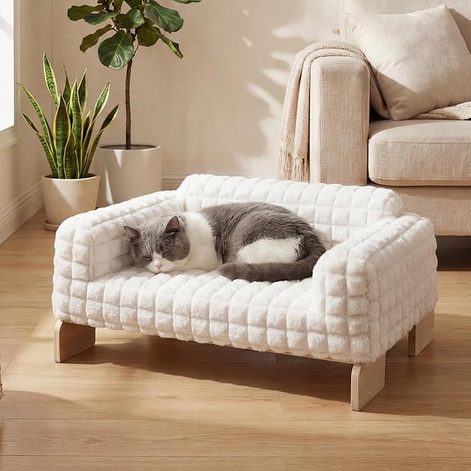 Veehoo Elevated Cat Bed Indoor, Wood Furniture Style Cat Couch Sofa | Indoor cats couch bed, removable washable cover, easy assembly, cozy fluffy cushion