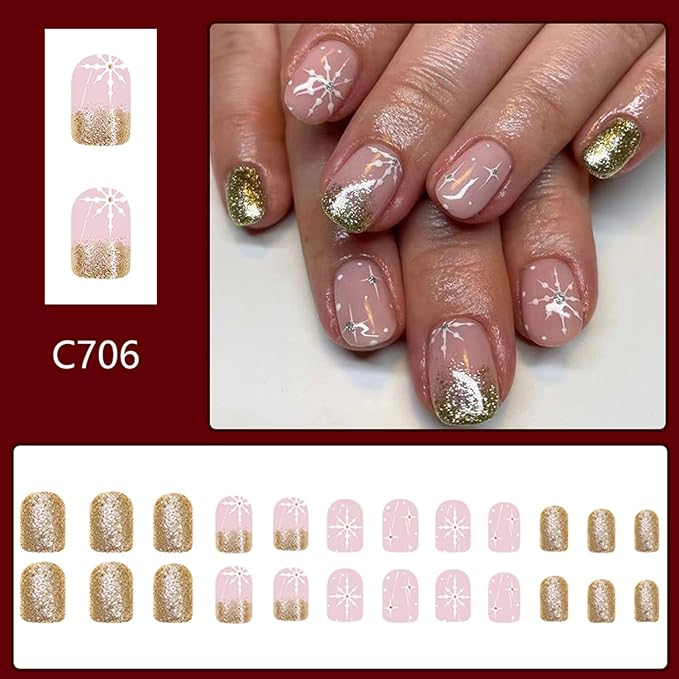 Gold Glitter Christmas Press on Nails Xmas Snowflake False Nails Glossy Short Square Glue on Nails Winter Christmas Acrylic Fake Nails for Women Girls
