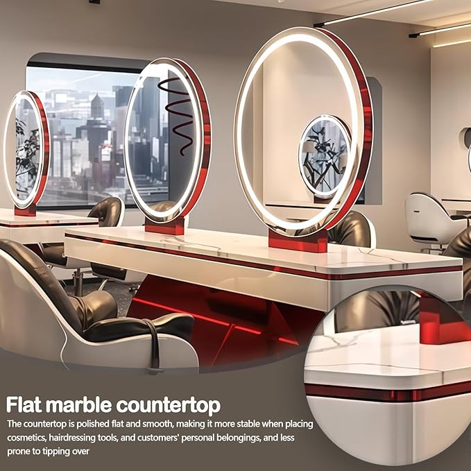4-Person Salon Station for Hair Stylist with Retro-Futuristic Style, Barber Station includes LED Round Mirror, Red Metal Design, for Beauty Salon
