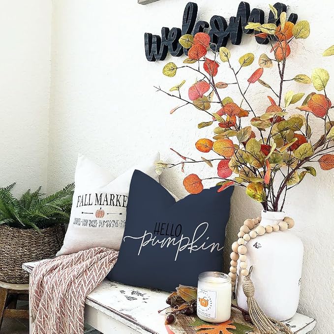 RABUSOFA Fall Pillow Covers 18x18 Inch Dark Blue Thanksgiving Autumn Hello Pumpkin Quote Harvest Outdoor Throw Cushion Cases Seasonal Fall Decorations for Home Couch