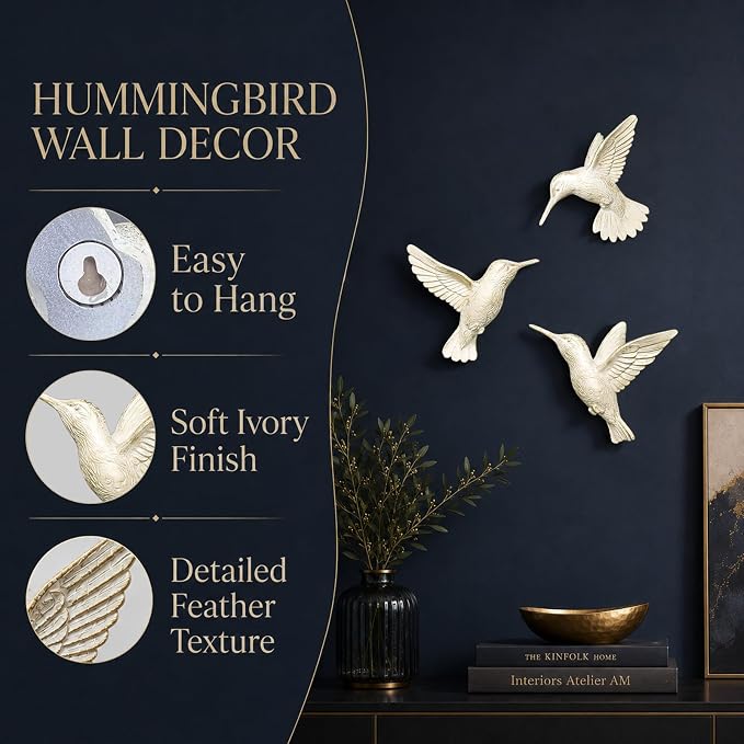 GUSFREUD 3D Hummingbird Wall Decor Set - Gold Resin Bird Wall Decor for Living Room, Bedroom and Gallery Walls - Ivory Gold - Set of 3