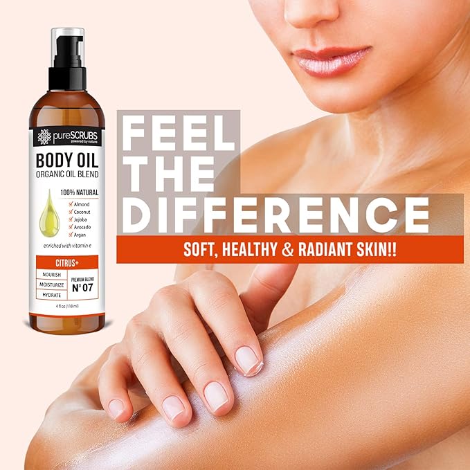 pureSCRUBS Ultra Moisturizing Citrus+ Body Oil Spray for Dry Skin, Massage, Cuticles & More Organic Super Blend of Jojoba, Argan, Coconut, Sweet Almond & Avocado Oils Enriched with Vitamin E, Lg 4oz